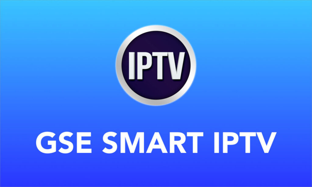 GSE Smart IPTV app grensesnitt på Apple TV med blå gradient bakgrunn og sirkulært IPTV-logo