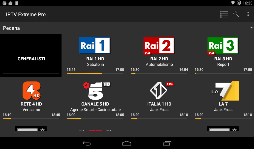IPTV Extreme Pro-appgrensesnitt som viser italienske TV-kanaler (RAI, Rete, Canale) med programinformasjon og tidslinje på Android-enhet.