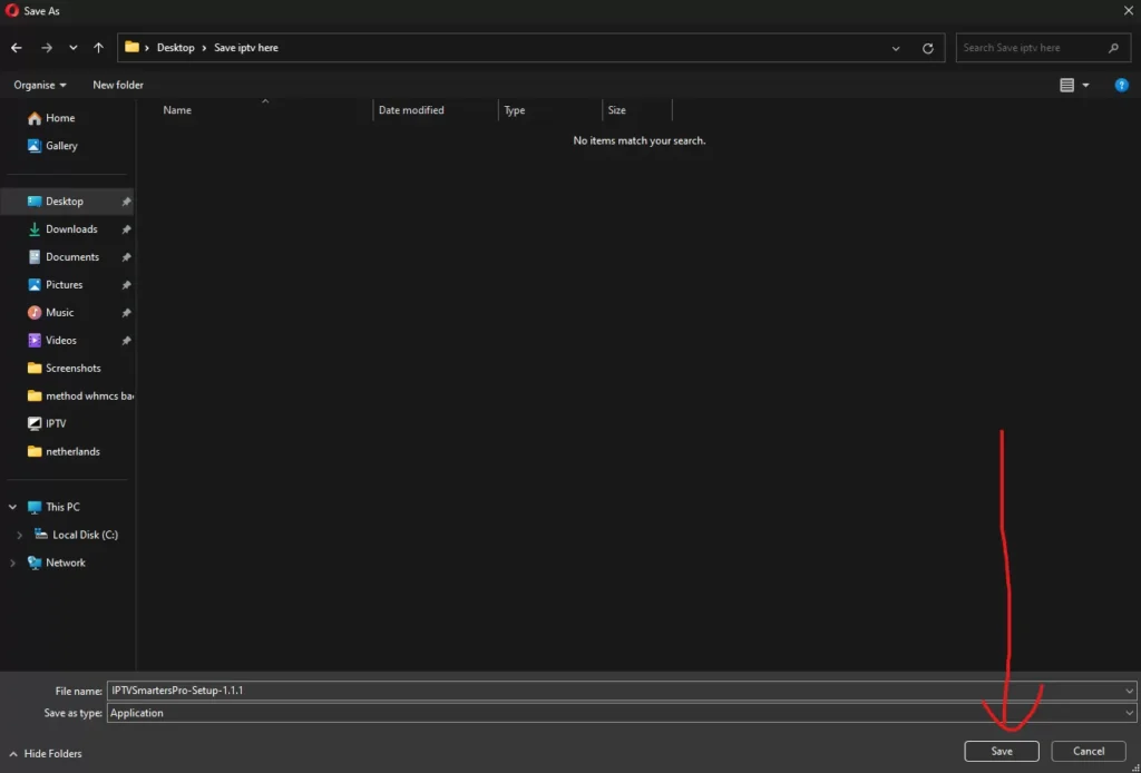 Windows lagredialog som viser nedlasting av IPTVSmartersPro-Setup-1.1.1 til skrivebordet. Rød pil indikerer "Lagre"-knappen som må klikkes for å fullføre nedlastingen.