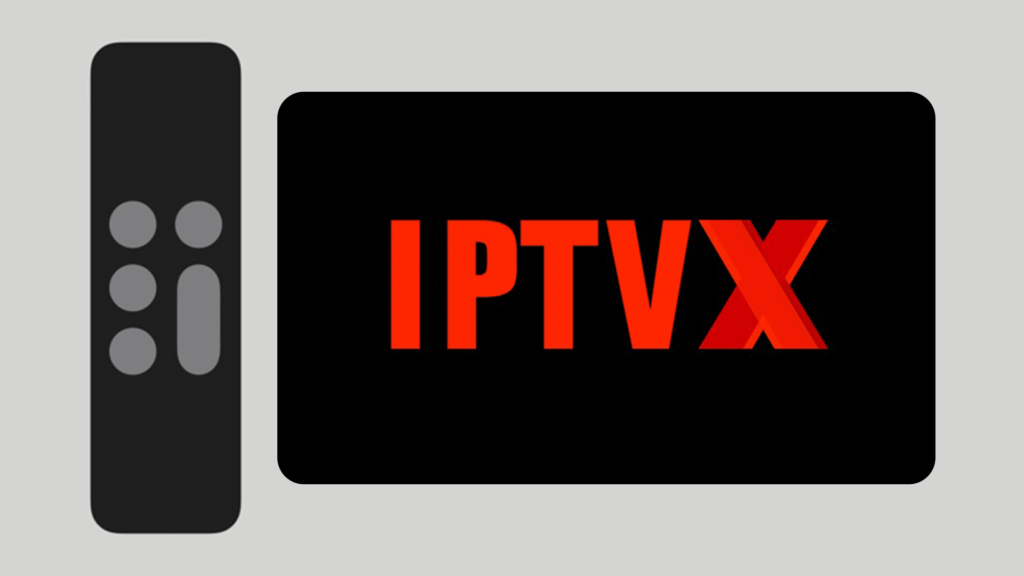 IPTVX app logo på Apple TV 4K med Siri Remote som viser rødt IPTVX-merke på svart skjerm