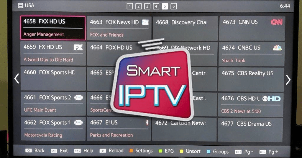 Smart IPTV elektronisk programguide (EPG) på Apple TV som viser USA-kanaler med Smart IPTV logo