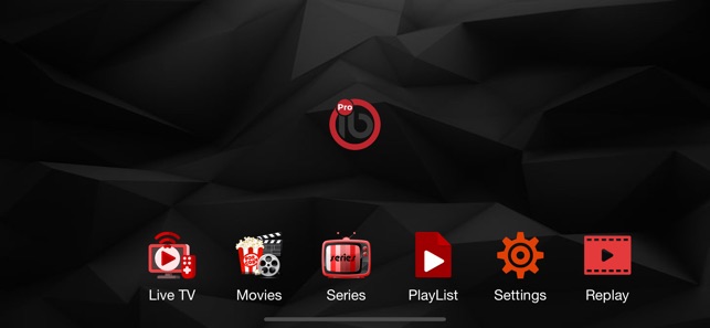 IBO Player Pro app hjemmeskjerm på Apple TV med mørkt grensesnitt med røde aksenter og hovedmeny
