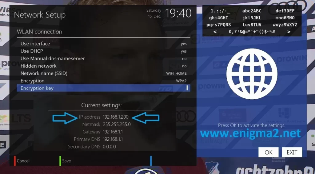 Enigma2 Network Setup screen showing WLAN connection settings with the IP address (192.168.1.200) highlighted by blue arrows. This is where you find your device's network address.
