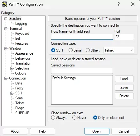 PuTTY Configuration window showing basic connection options with empty Host Name field. SSH is selected as the default connection type instead of the required Telnet.