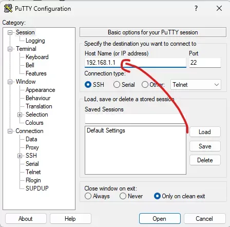 PuTTY Configuration with IP address entered and a red arrow pointing to the Telnet option that needs to be selected instead of the default SSH connection type.