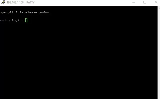 PuTTY terminal window showing successful connection to the Enigma2 device with "vuduo login:" prompt waiting for the root username to be entered.