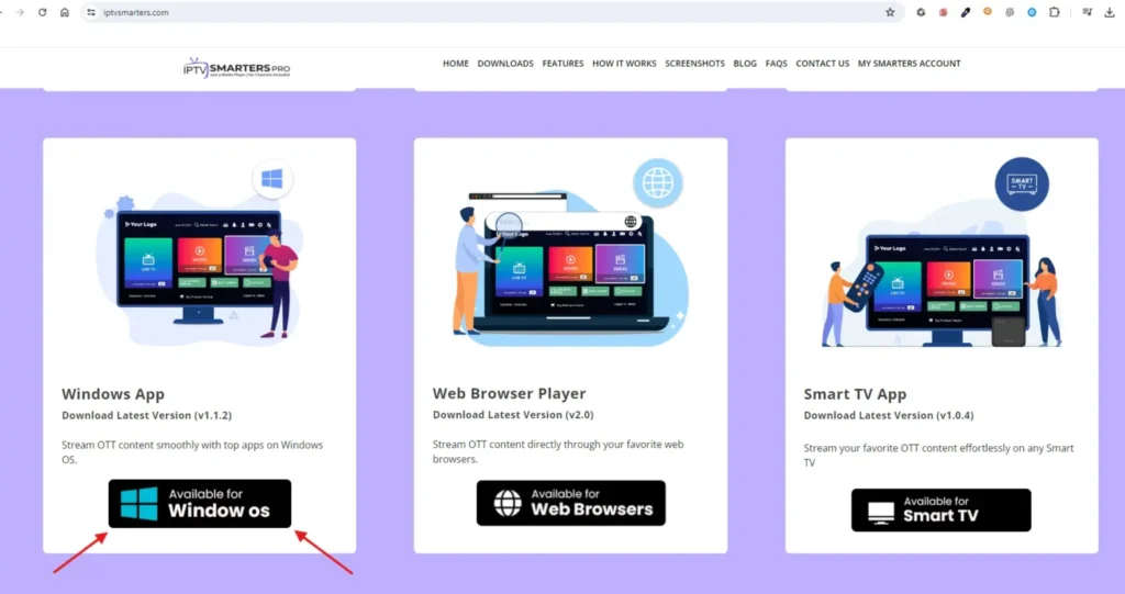 IPTV Smarters Pro nettside som viser nedlastingsalternativer. Røde piler markerer Windows-applikasjonen (v1.1.2) som bør velges for PC-installasjon av IPTV-tjenesten.