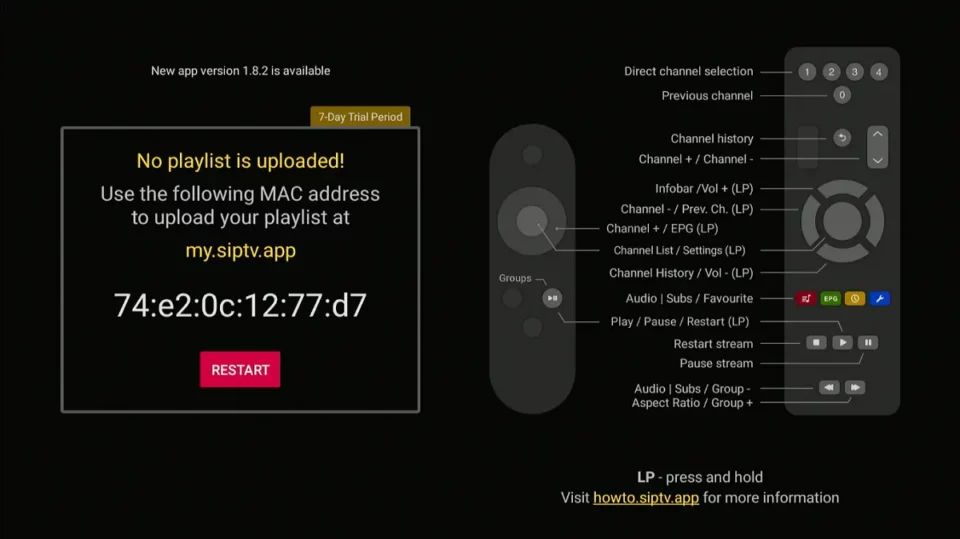 Smart IPTV app på TV som viser MAC-adresse 74:e2:0c:12:77:d7 med "Ingen spilleliste lastet opp" melding