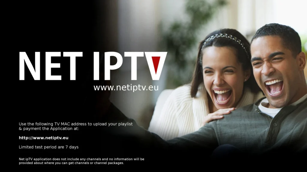 NET IPTV-app velkomstskjerm med et lattende par og instruksjoner for opplasting av spillelister ved hjelp av MAC-adressen.
