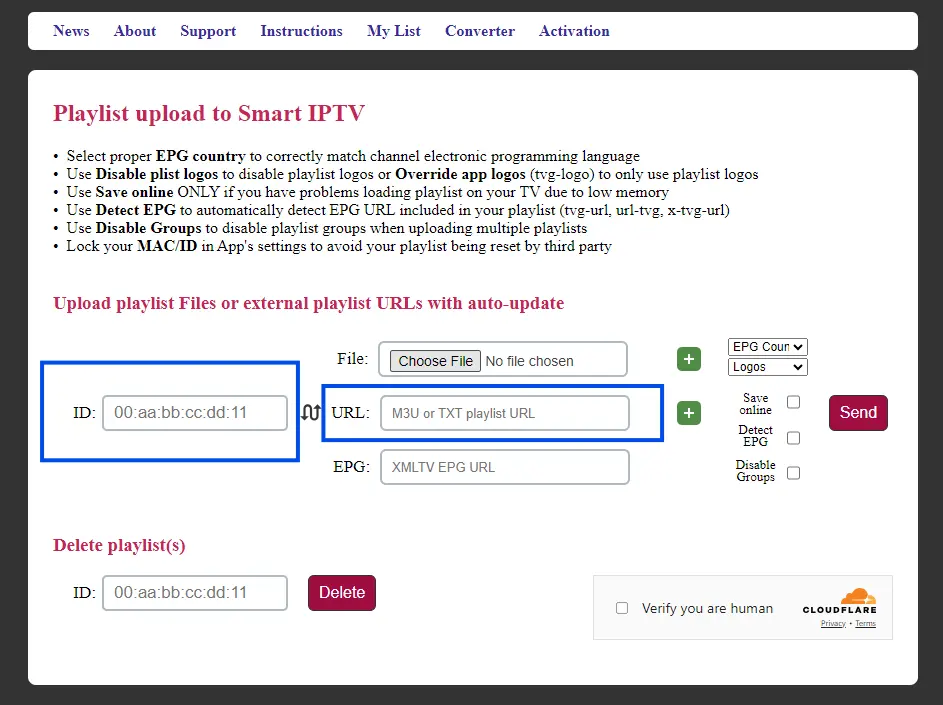 Smart IPTV spilleliste-opplastingsside på siptv.eu/mylist med MAC-adresse og M3U URL felt uthevet