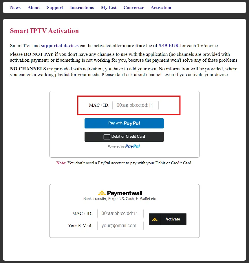 Smart IPTV aktiveringsside som viser MAC-adresse felt og PayPal betalingsalternativer for app-aktivering