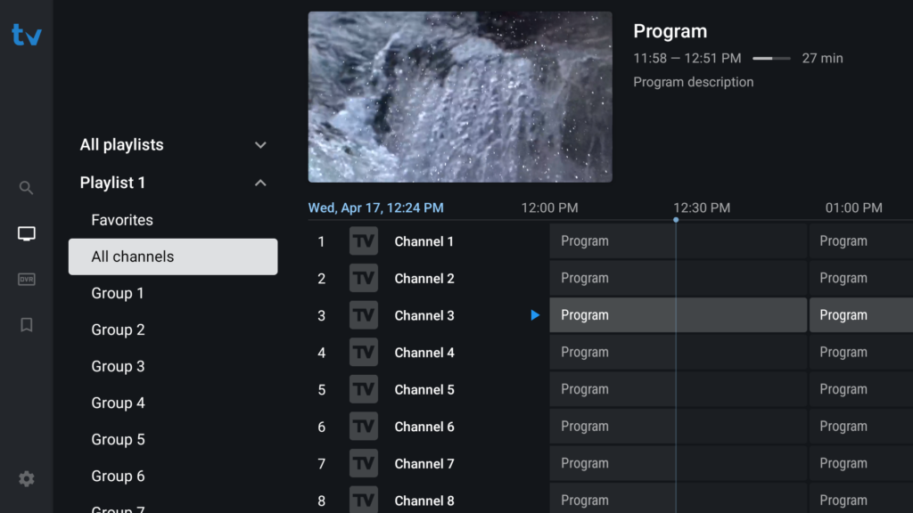 TiviMate Premium-grensesnitt som viser EPG (elektronisk programguide) med kanalliste, programtidslinje og direktevisning på Android TV-enhet.